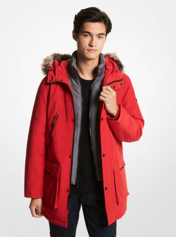 Panske Bundy Michael Kors Benson Faux Fur Trim Woven Parka Červené - Oblecenie Michael Kors Akcia | AOEHD-1256